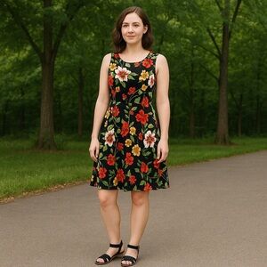 Calvin Klein Floral Black & Red Sleeveless Fit & Flare Dress Size 4